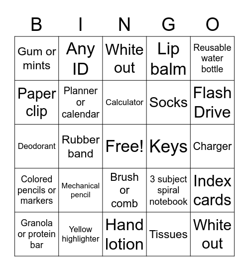 Backpack Bingo Card