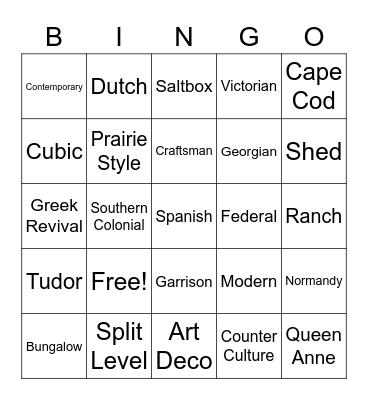 Architectural Styles Bingo Card