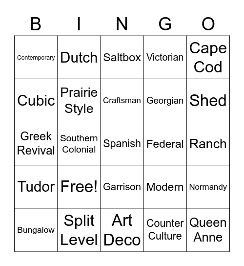 Architectural Styles Bingo Card