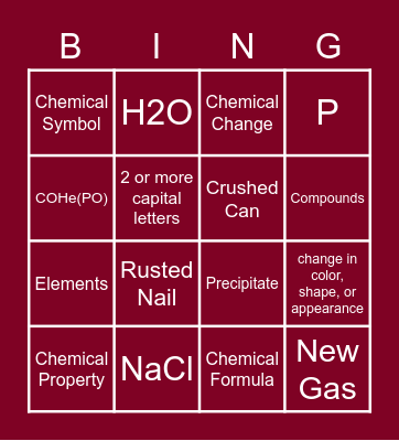 Unit 1 Elements and compounds Bingo Card