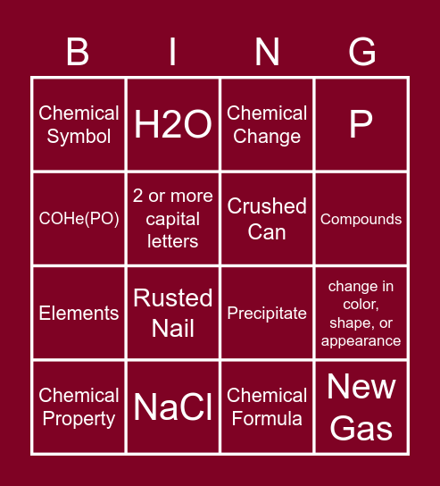 Unit 1 Elements and compounds Bingo Card