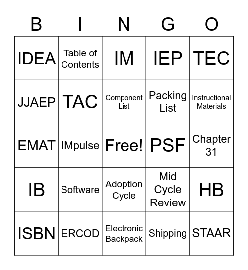 Instructional Materials Bingo Card