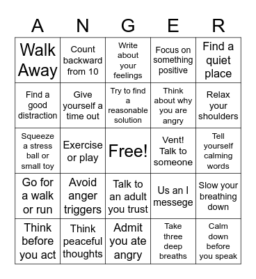 Coping With Anger Bingo Card