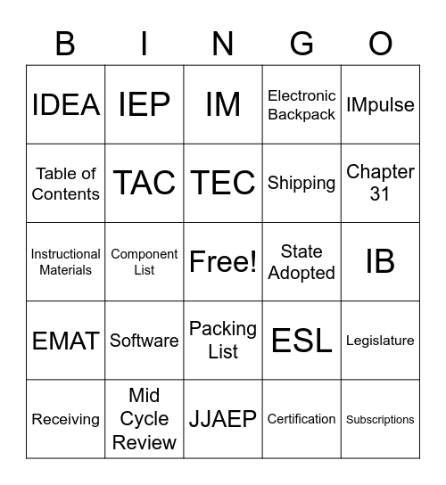 Instructional Materials Bingo Card