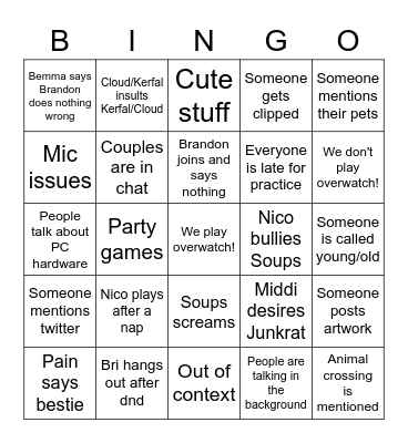 Non-Overwatch Bella Bingo Card