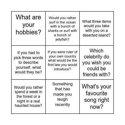 Getting to know you bingo Card