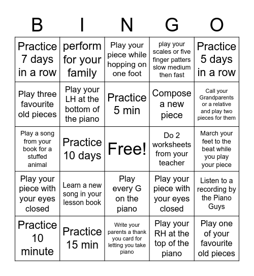 Piano Practice B Bingo Card