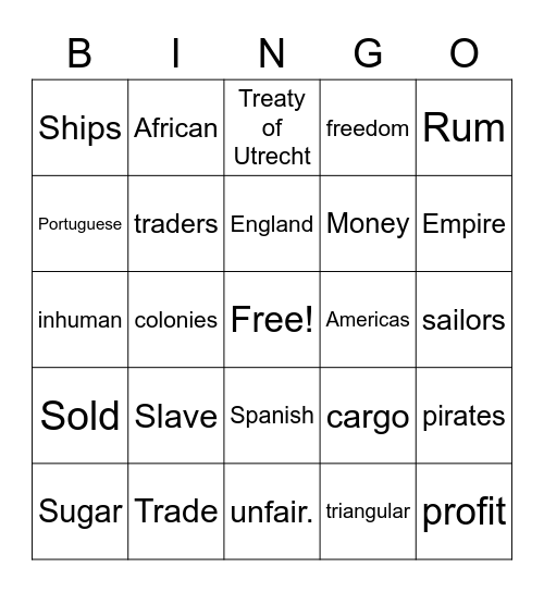 Slave Trade Lesson 1 Bingo Card