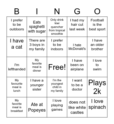 Ice breaker Bingo Card