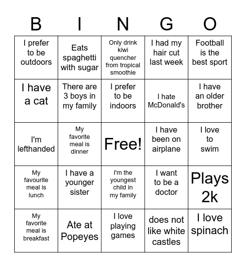 Ice breaker Bingo Card