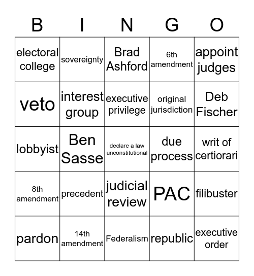 American Government Bingo Card