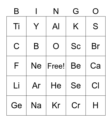 Periodic Table Bingo Card