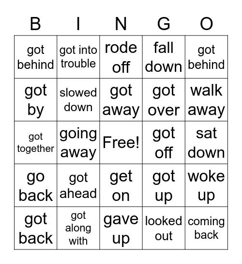 phrasal verbs with "get" Bingo Card