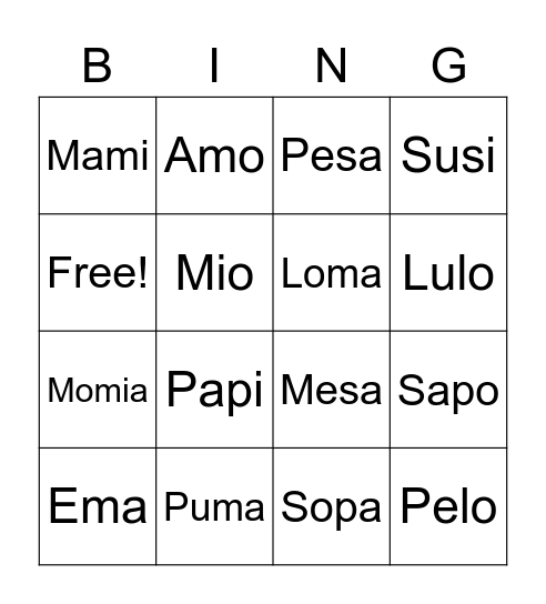 Palabras con m, p, s y l Bingo Card