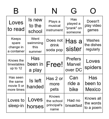 Grade 6 Bingo Card
