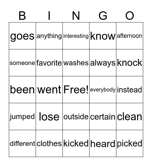 Word Wall Bingo Card