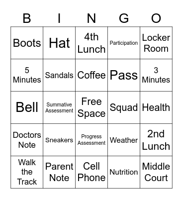 PE Expectations BINGO Card