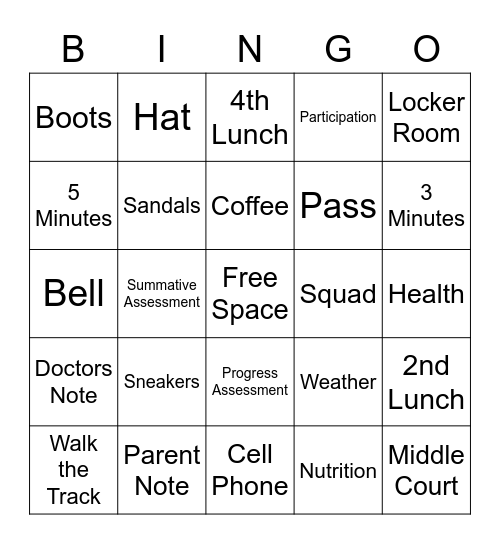 PE Expectations BINGO Card