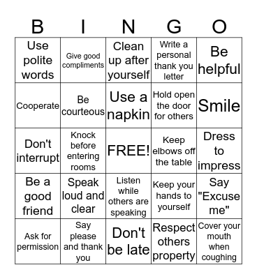 Etiquette BINGO Card