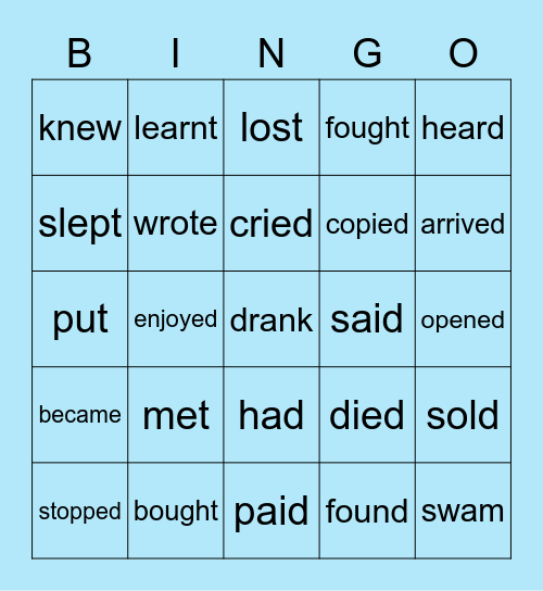 Irregular Verbs Bingo Card