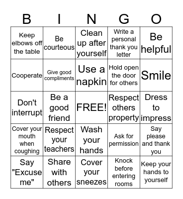 Etiquette BINGO Card