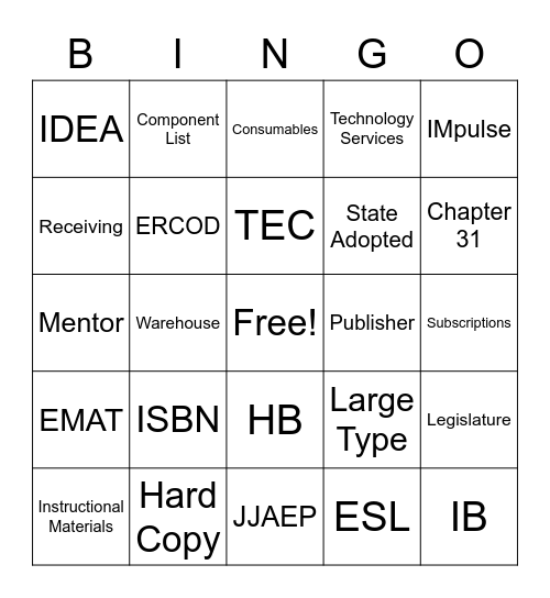 Instructional Materials Bingo Card