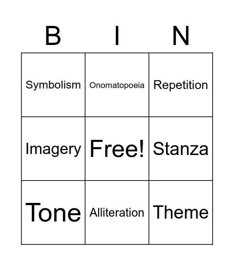 Poetry Vocabulary Bingo Card