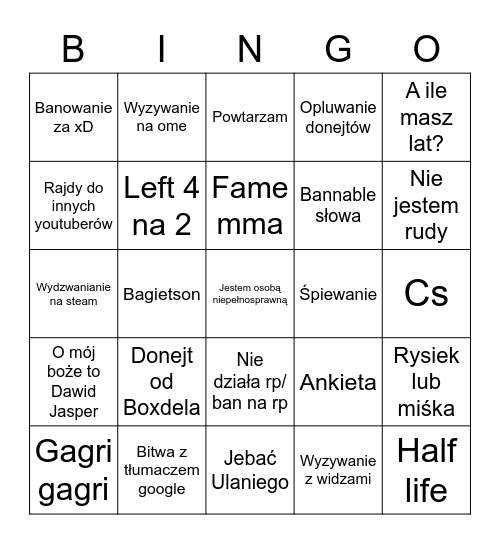 Stream u Dawida Jaspera Bingo Card