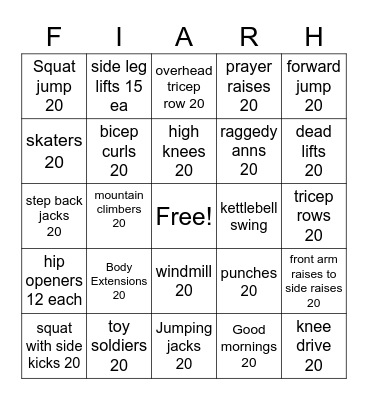Fitness Bingo Card