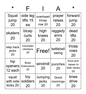 Fitness Bingo Card