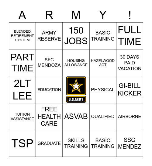 UNITED STATES ARMY Bingo Card