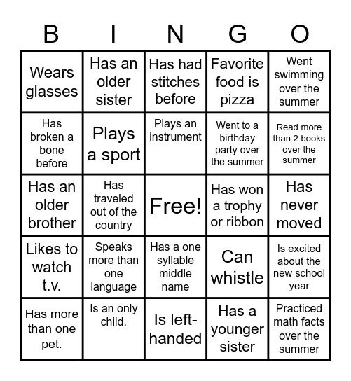 Back to School Bingo Card