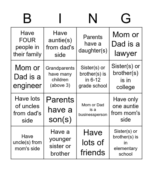 Family and Occupations Bingo Card