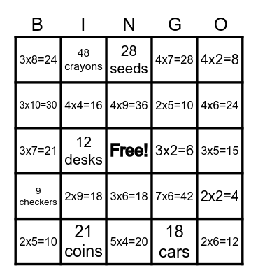 Multiplication Array Bingo Card