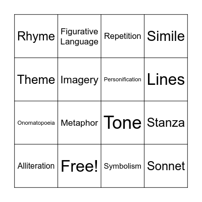 Poetry Vocabulary Bingo Card