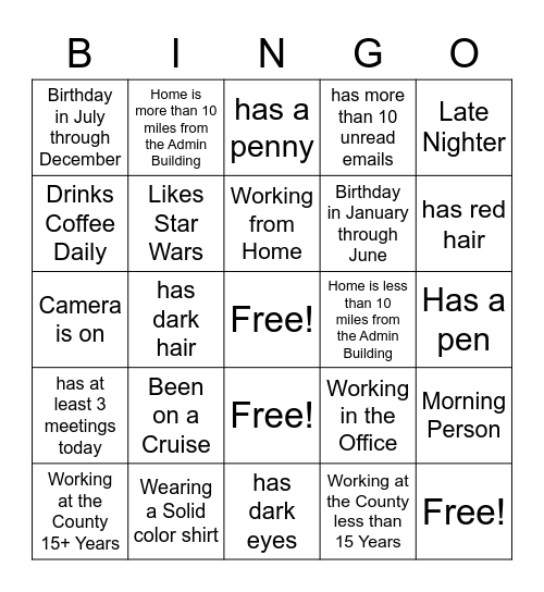 Staff Meeting Bingo Card