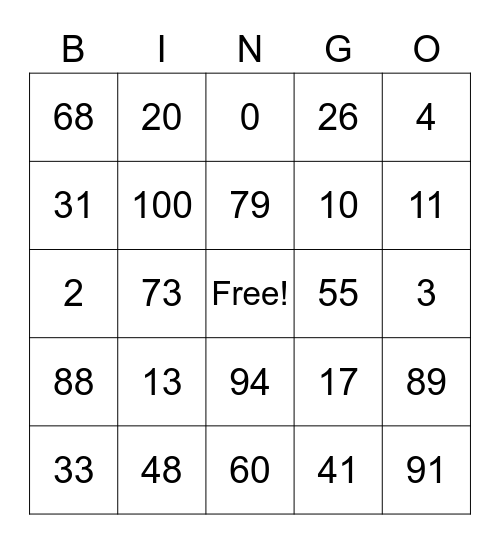 Numbers in English Bingo Card