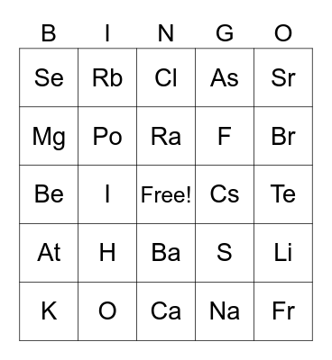 Periodic Table Bingo Card