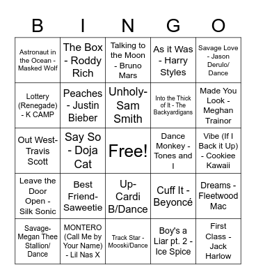 Tik Tok Song Bingo Card