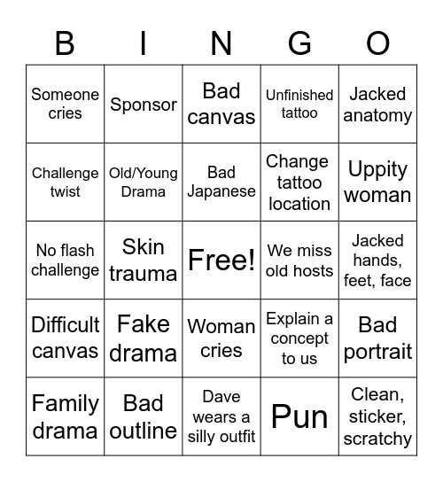 Ink Master Bingo Card