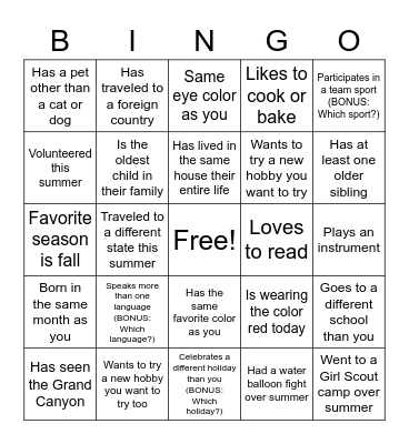 Find a Friend Bingo Card