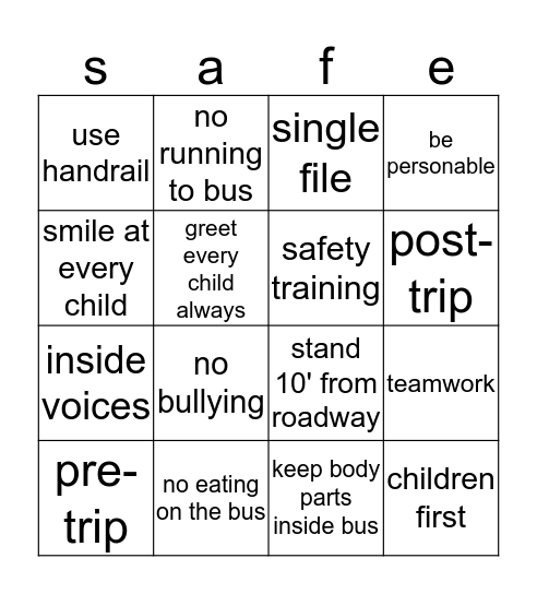 safety Bingo Card