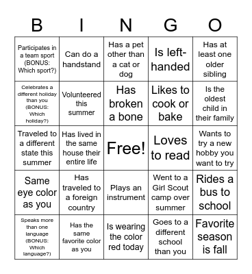 Find a Friend Bingo Card