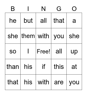 Sight Words Bingo Card