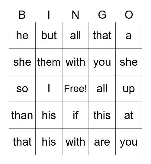 Sight Words Bingo Card