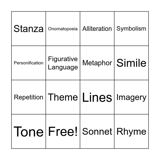 Poetry Vocabulary Bingo Card