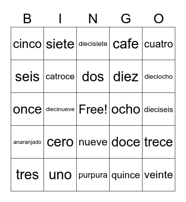 Los Numeros y Colores 4 Bingo Card