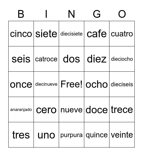 Los Numeros y Colores 4 Bingo Card