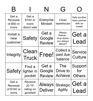 UniFirst Bingo Card
