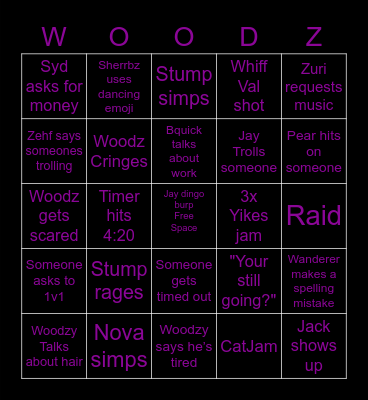 xWoodzy Stream Bingo Card